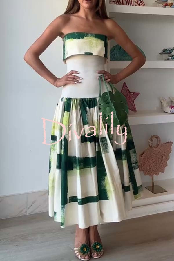 Robia Unique Print Ribbed Elastic Waist Pocketed Strapless Midi Dress