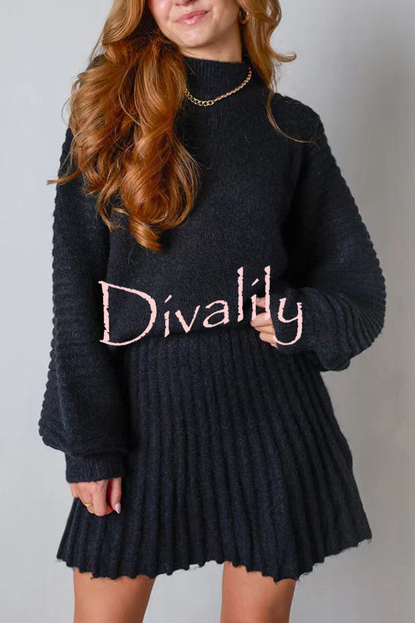 Solid Color Round Neck Puff Sleeve Loose Knit Sweater and Casual Striped Mini Skirt Set