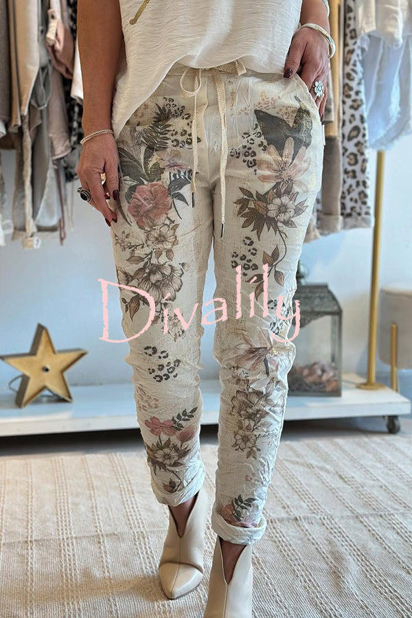 Floral Print Elastic Waist Casual Pocket Pants