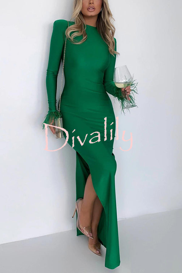 Solid Color Round Neck Ostrich Feather Long Sleeve Slim Maxi Dress