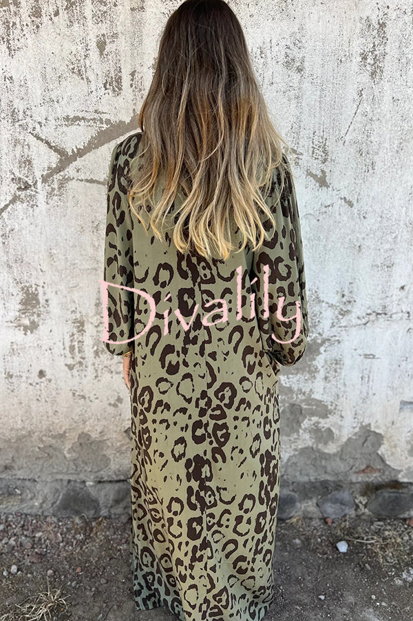 Leopard Print Loose V-neck Pocket Holiday Style Maxi Dress