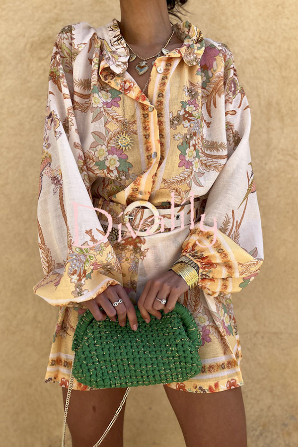 Botanical Print Palace Style Stand-up Collar Lantern Sleeve Loose Top and Casual Shorts Set