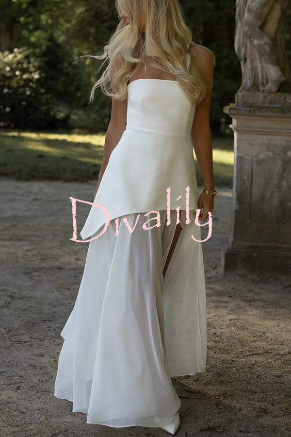Monaco Off Shoulder Structured Top Chiffon Slit Hem Scarf Maxi Dress