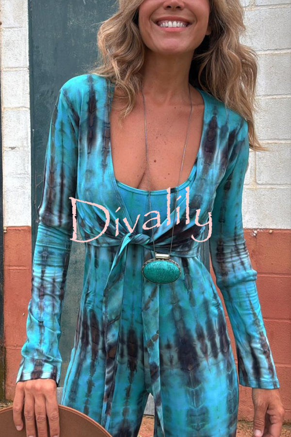 Exclusive Style Tie-dye Print Long Sleeve Tie-up Crop Cardigan