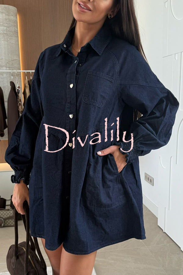 Fashion Heart Button Long Sleeve Casual Pocket Denim Mini Dress