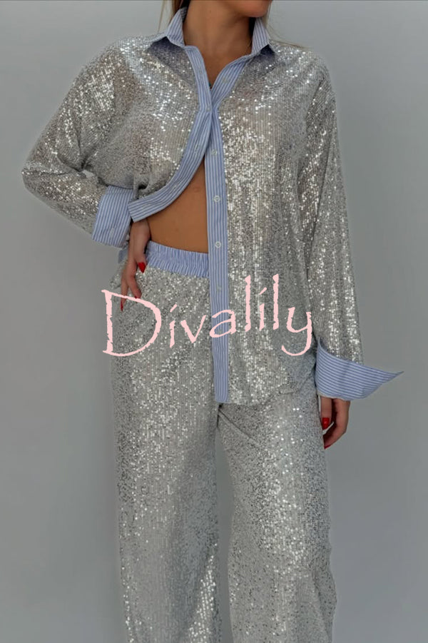 Fashion Sequined Loose Long-sleeved Shirt and Casual Elastic Waist Wide-leg Pants Set