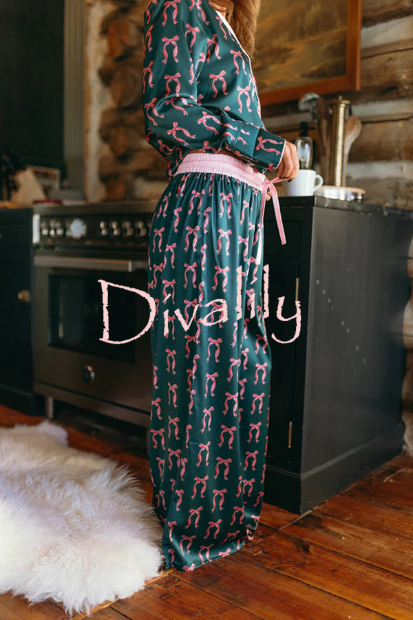 Satin Bow Print Long sleeve Loose Shirt and Elastic Waist Tie Loose Pants Set