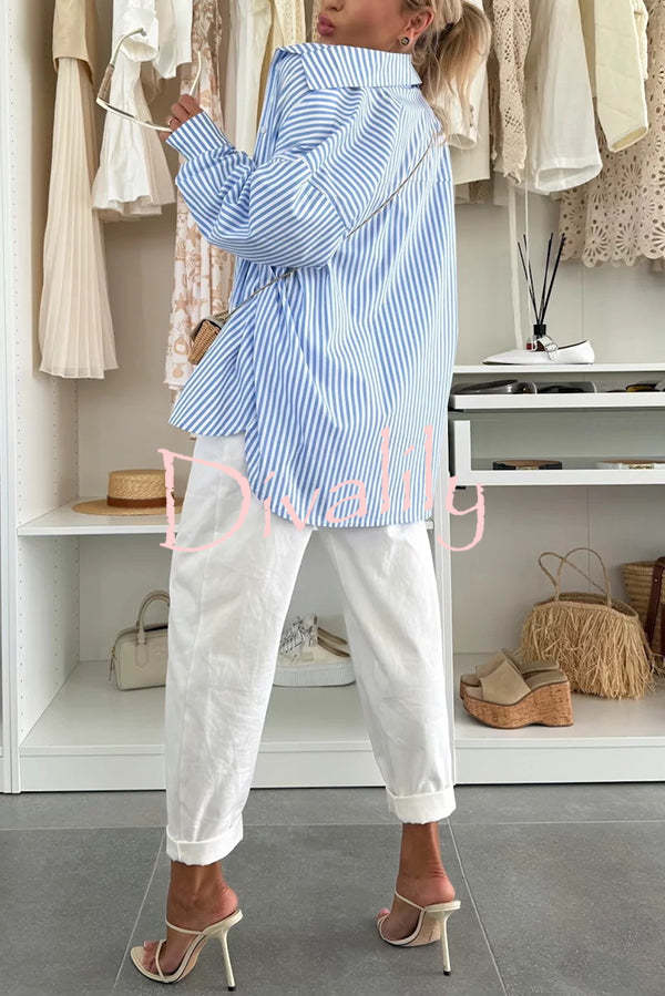Zoie Striped Stretch Bandeau + Elastic Waist Pocket Shorts + Oversized Blouse 3 Pieces Set