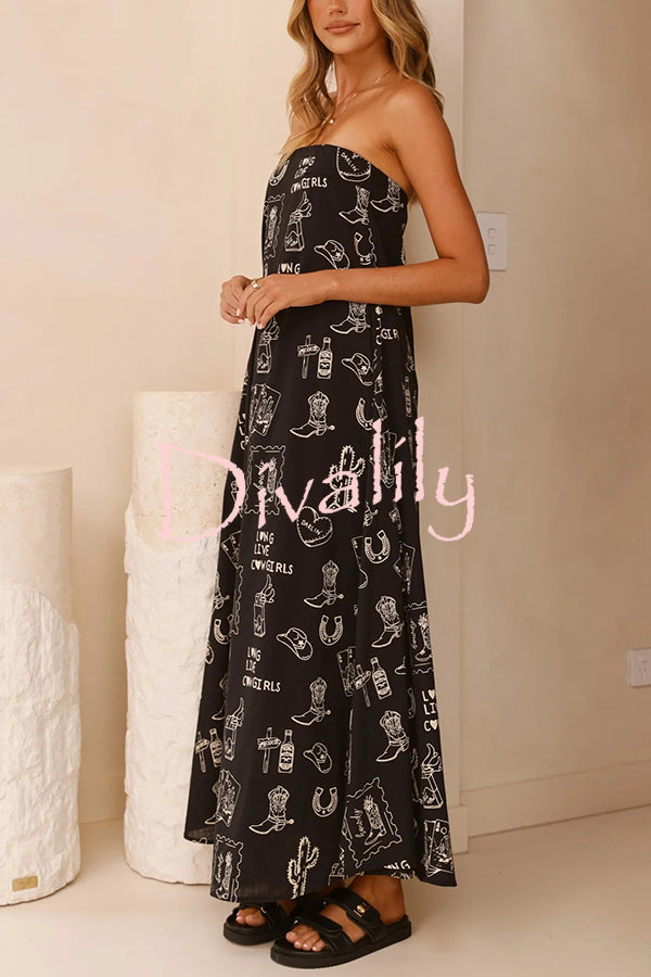 Unique Print Strapless Open Back Full Hem Maxi Dress