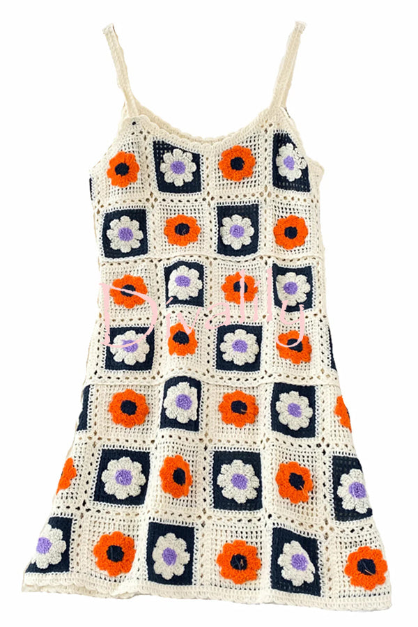 Embroidered Floral Strappy Knitted Mini Dress