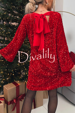 Velvet Sequin Back Bow Bell Sleeves Loose Mini Dress