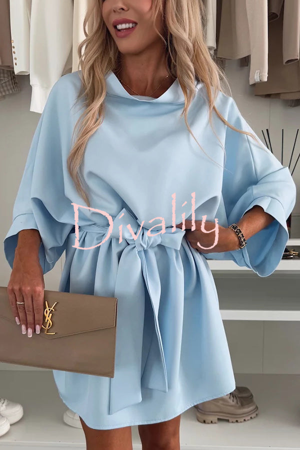 Solid Color Loose Round Neck Belted Mini Dress