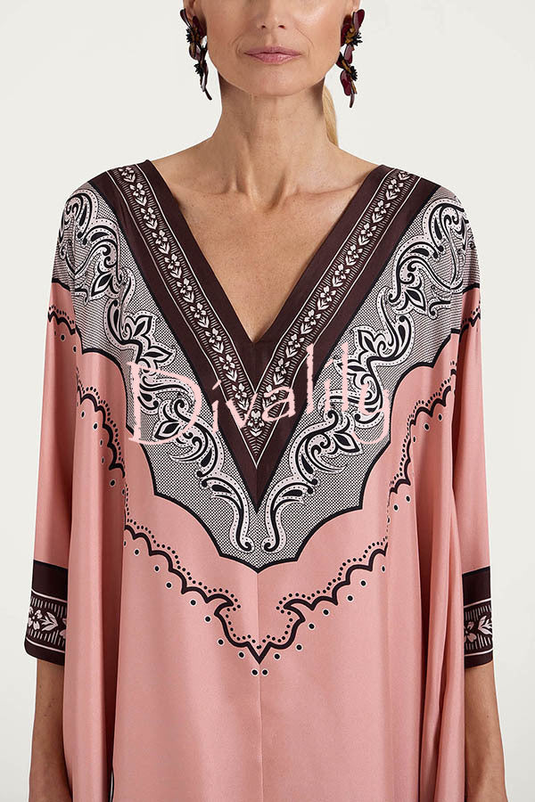 Satin Unique Print Casual V-neck Loose Holiday Maxi Dress