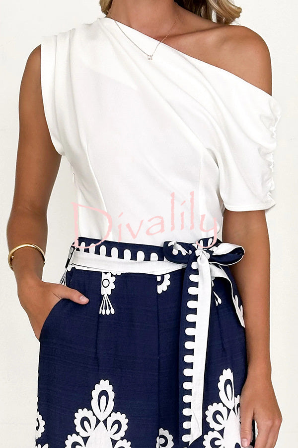 Unique Ethnic Print Belted Casual Pocket Wide Leg Pants