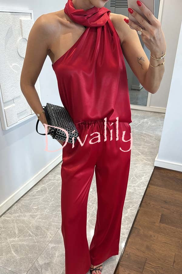 Kelson Satin Drape Neck One Shoulder Top and Elastic Waist Pocket Loose Pants Set