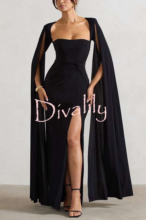 Elegant Goddess Square Neck Twisted Cape Sleeve Slit Maxi Dress