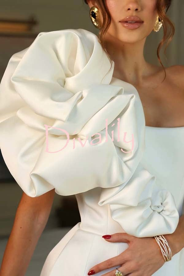 Luxe Style Satin Peony Flower Decor Strapless Party Mini Dress
