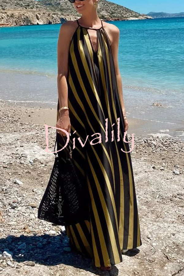 Striped Print V-Neck Loose Beach Vacation Maxi Dress