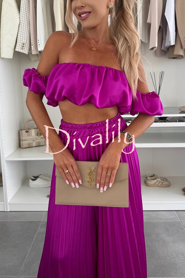Jorie Satin Off Shoulder Puff Sleeve Crop Top and Elastic Waist Pleated Wide Leg Pants Set