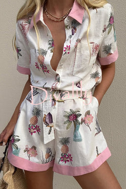 Plant Print Lapel Short Sleeves Loose Pocket Waist Tie Casual Rompers