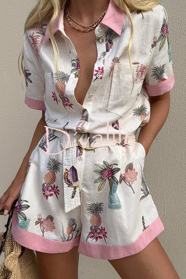 Plant Print Lapel Short Sleeves Loose Pocket Waist Tie Casual Rompers