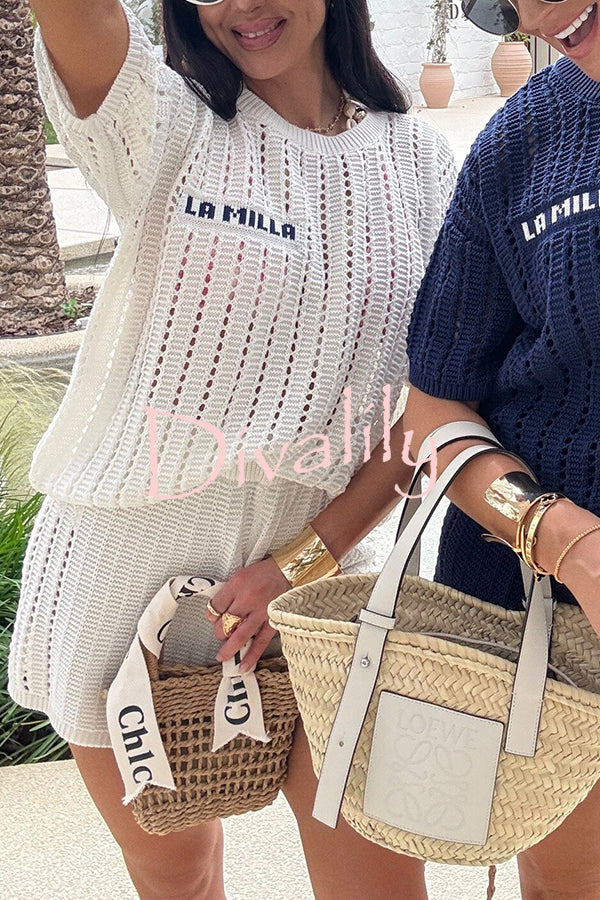 Fashionable Hollow Knit Short-sleeved Top and Elastic High-waist Casual Shorts Set