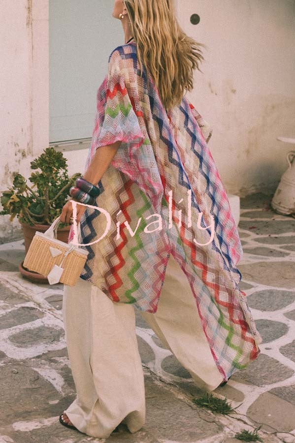 Sun Washed Knit Colorful Zigzag Pattern Asymmetric Hem Loose Cover-ups Kaftan