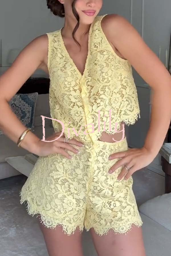 Cute in Butter Floral Lace Button Up Vest and Mid Rise Shorts Set