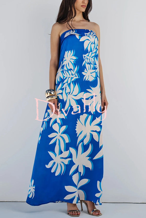 Fashion Vacation Satin Unique Print Off Shoulder Maxi Dress