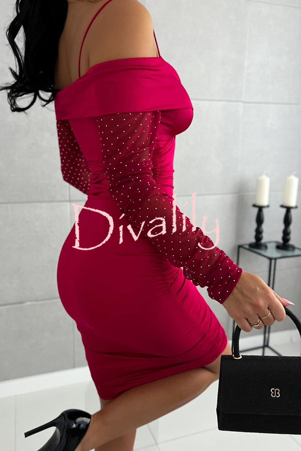 Christy Off Shoulder Mesh Glitter Sleeve Ruched Stretch Mini Dress