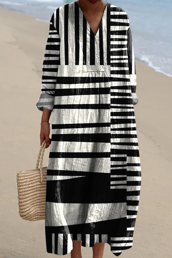 Black and White Contrast Print V-Neck Long Sleeve Loose Midi Dress