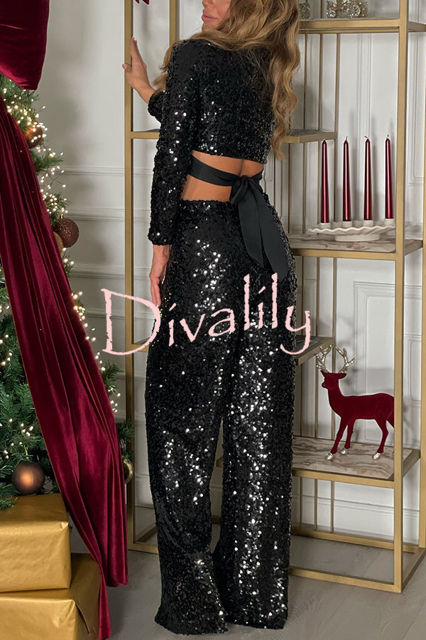 New Start Sequin Long Sleeve Back Tie-up Crop Top and Elastic Waist Loose Pants Set