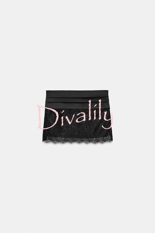 Anna Satin Bow Appliqué Mid Rise Lace Hem Mini Skirt