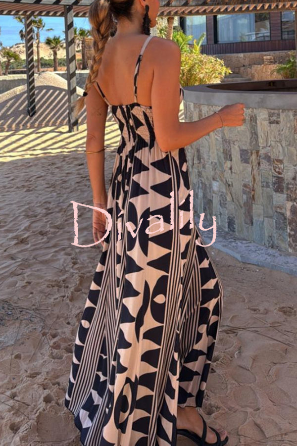 Sabine Geometric Print V-Neck Back Smocked A-line Maxi Dress