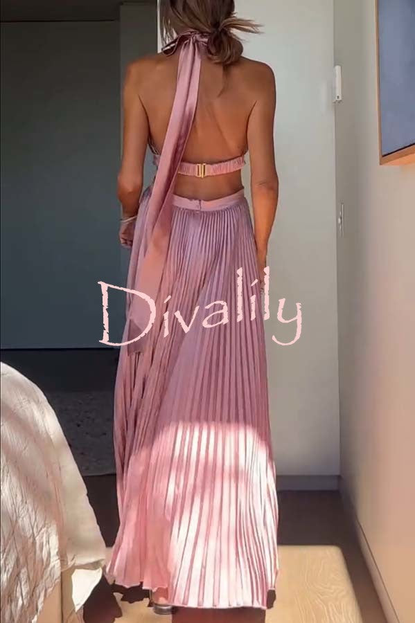 Stunning Choice Satin Pleated Halter High Neck Cutout Waist Backless Maxi Dress