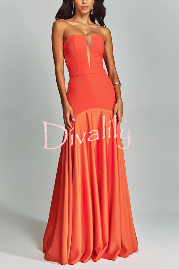 Mermaid Style Off Shoulder Sheer V-neck Satin Hem Party Maxi Dress