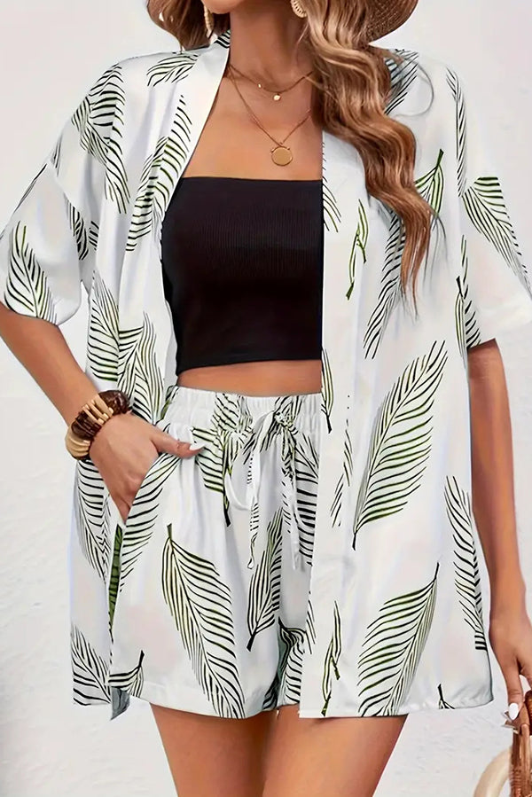 Unique Print Vacation Short-sleeved Cardigan Top and Elastic Waist Pocket Shorts Set