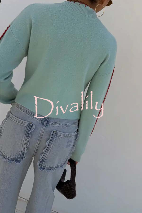 Coastal Fashion Knit Octopus Graphic Contrast Piping Button Up Loose Cardigan