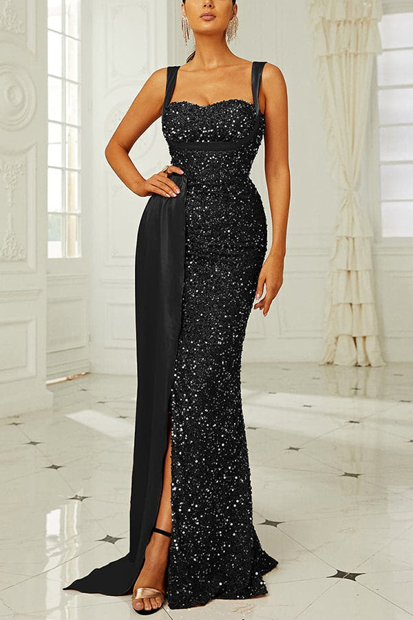 Banquet Sequined Backless Strappy Fishtail Maxi Dress