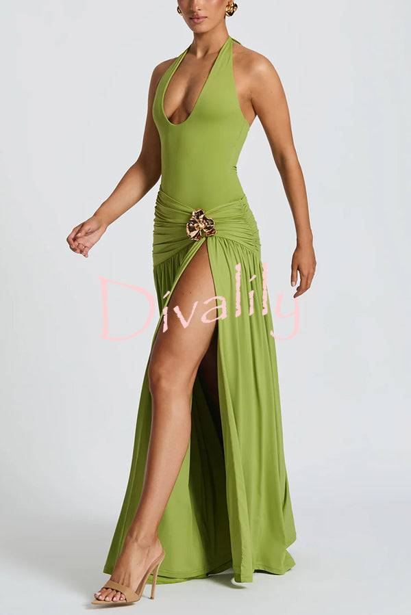 Solid Color Halter Neck Backless Slim Fit Pleated Slit Maxi Dress