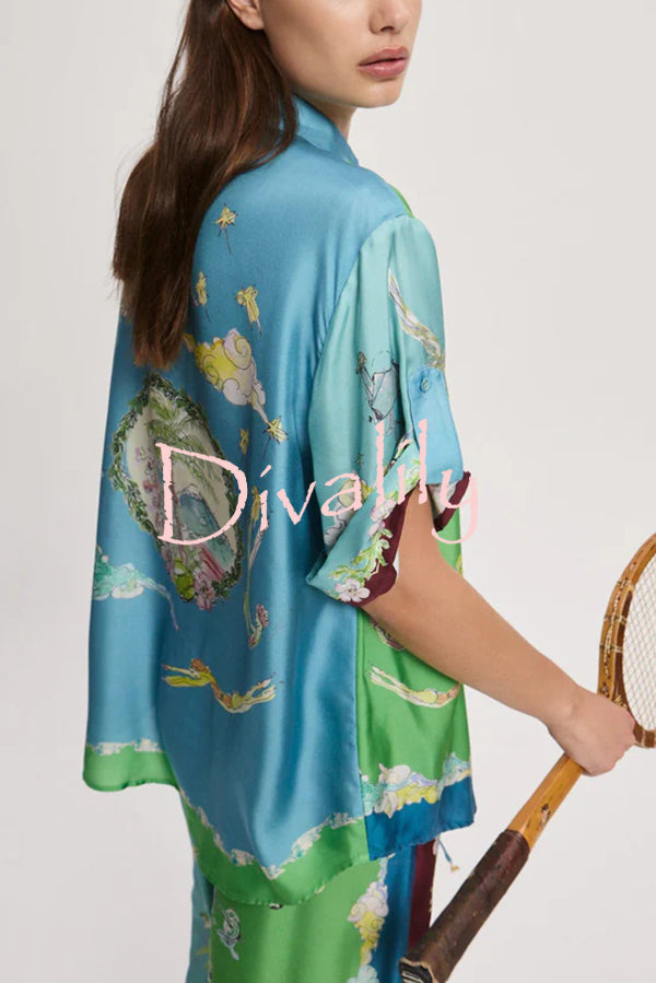 Unique Printed Lapel Short-sleeved Loose Shirt and Elastic Waist Tie Wide-leg Pants Set