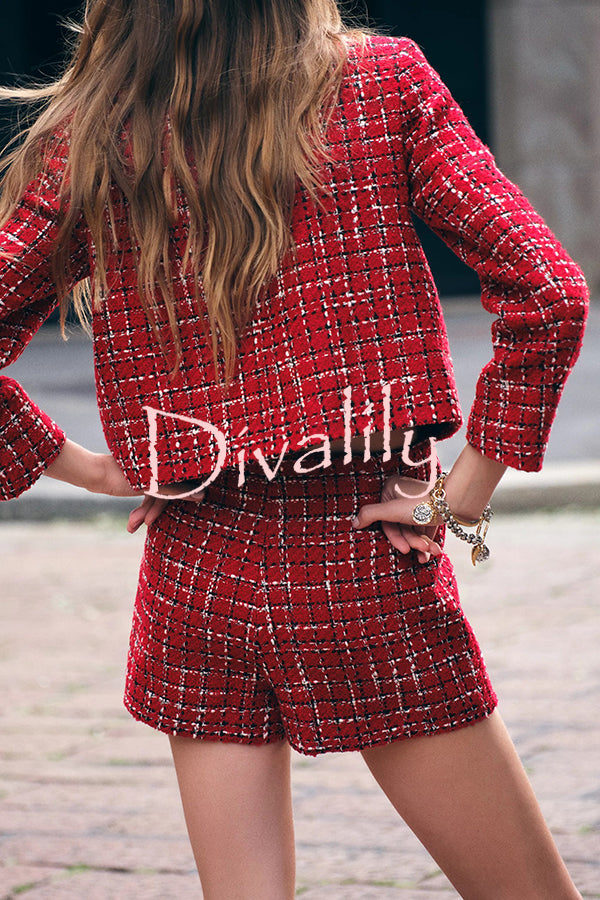 Tweed Plaid Textured Long-sleeved Casual Pocket Jacket