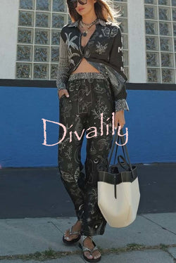 Black Magic Satin Unique Print Long Sleeve Blouse and Elastic Waist Pocket Wide Leg Pants Set