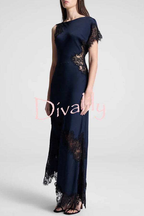 Paris Dream Satin Lace Trim Irregular Design Drape Maxi Dress