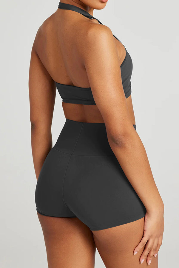 Fashionable Sports Yoga Style Halterneck Top and Stretch Slim Shorts Set