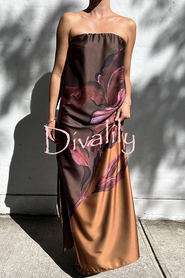 Drawing Inspiration Satin Floral Print Off Shoulder A-line Slit Maxi Dress