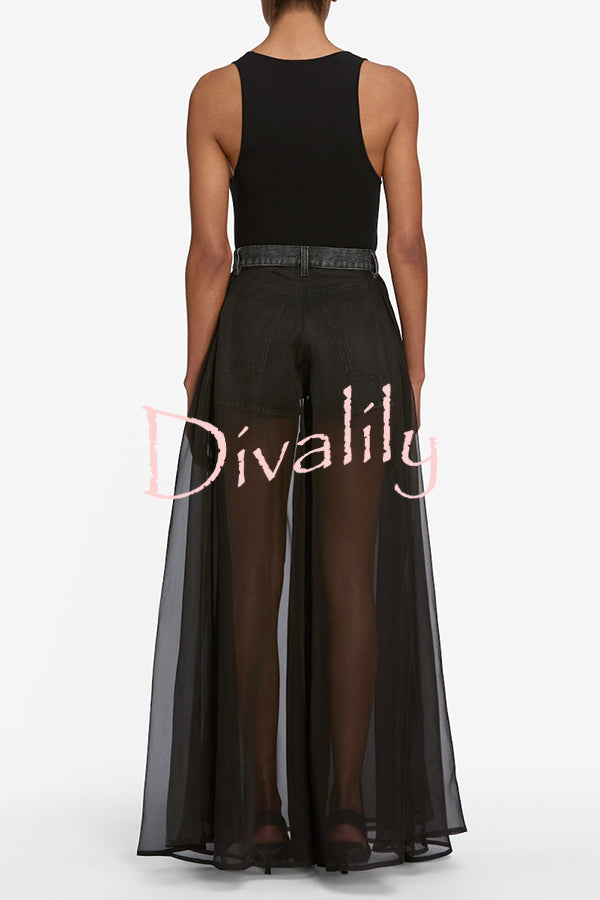 Avant-garde Fashion Denim Flowing Organza Patchwork Pocketed Wide Leg Jeans