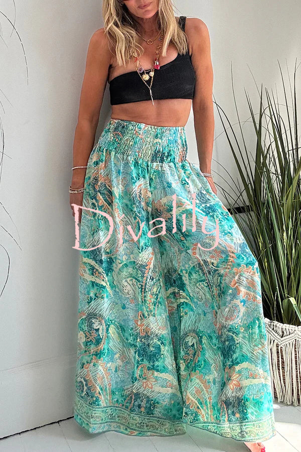 Stella Leopard Print High Rise Smocked Waist Pocketed Wide Leg Pants