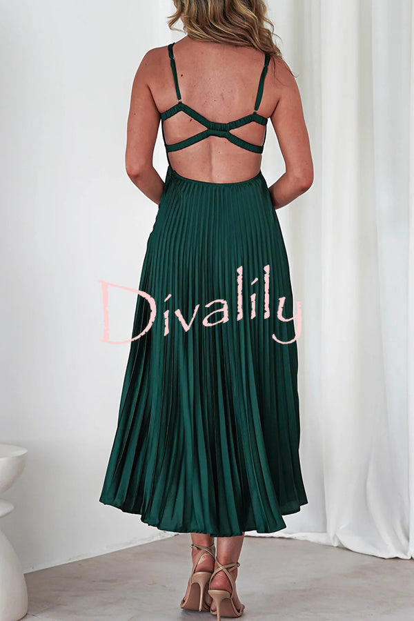 Satin Solid Color Sexy V-Neck Pleated Maxi Dress