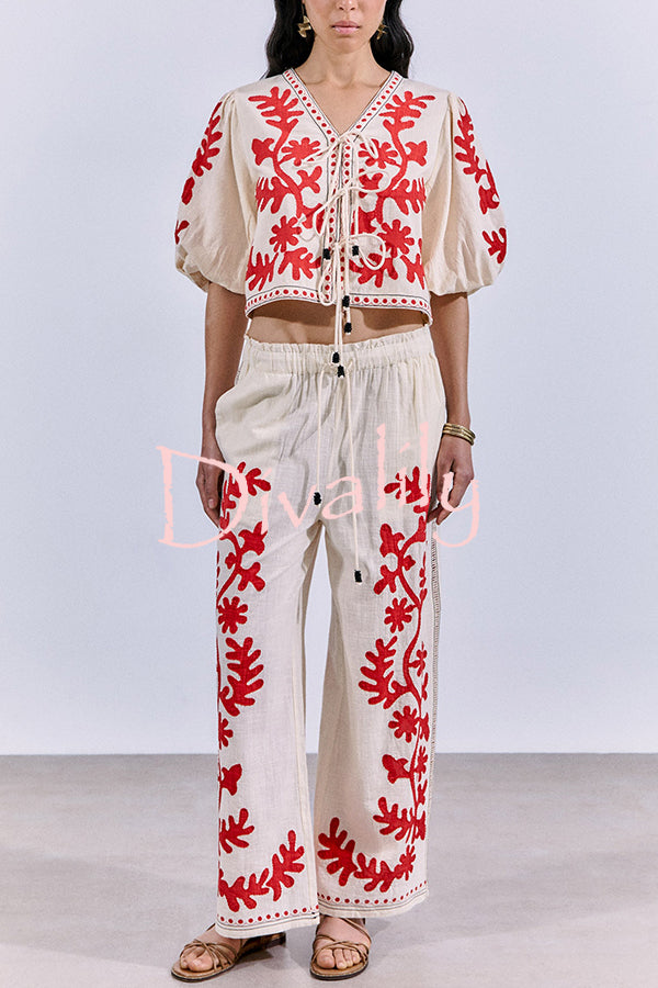 Till Sunset Linen Blend Unique Print Elastic Waist Pocket Wide Leg Pants